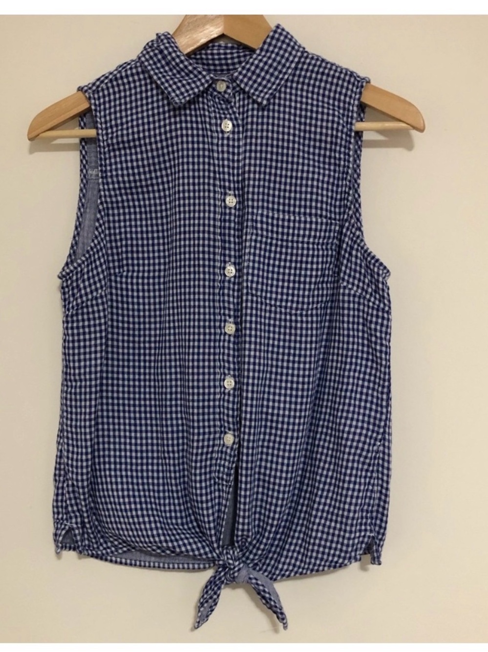 J. Crew Blue Gingham Tie Waist Sleeveless shirt